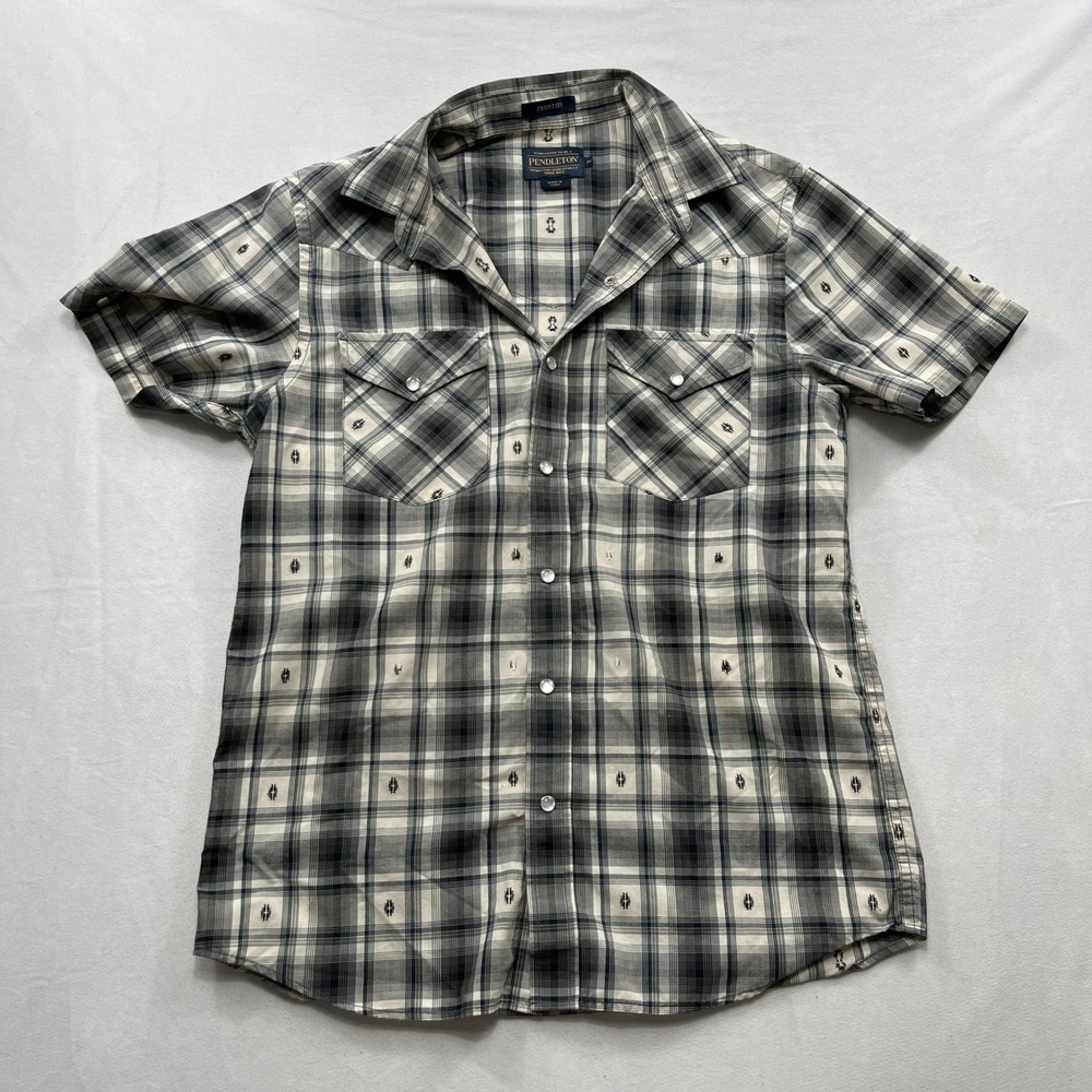 Pendleton Shirt Frontier Pearl Snap Plaid Western Embroidered Gray‎ Mens Size M